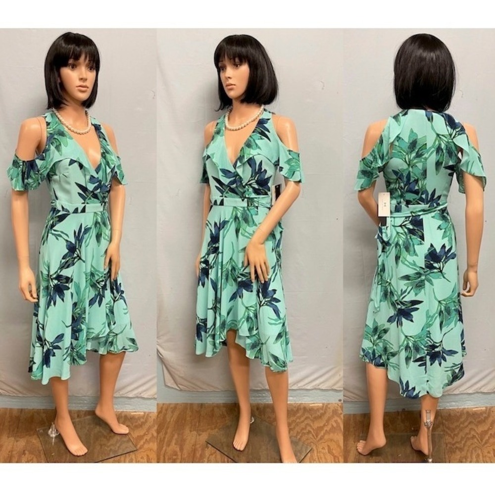 HALSTON Blue & Green True Wrap‎ Open Shoulder Dress XS